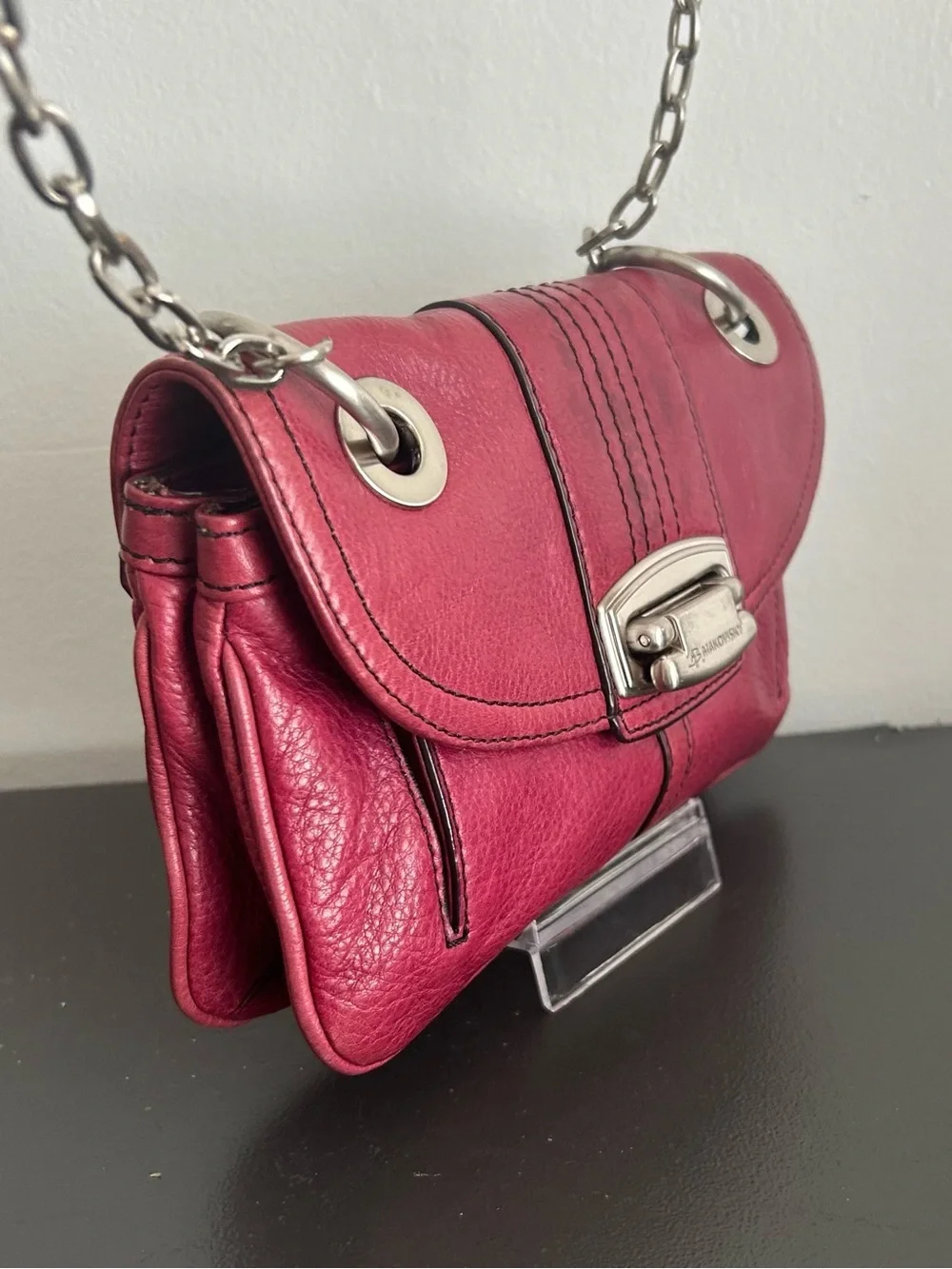 B. Makowsky Burgundy Pebbled Leather Crossbody Bag Silver Chain Purse